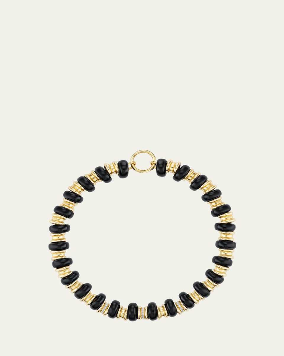 18K Yellow Gold Onyx Rondelle and Diamond Necklace with Charm Clip